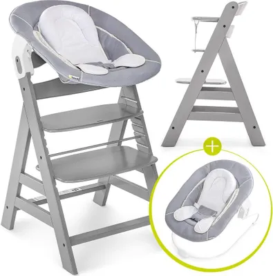 A Hauck Alpha Plus Grey Newborn Set is shown in a product image, with a separate inset image showing a close-up of the newborn set.