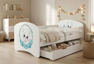 Produktbild von Happy Babies Kinderbett mit Rausfallschutz Junge 140x70 Bett für Kinderzimmer mit Schublade Matratze Einzelbett für Kinder, Weiss, Bunte Aufkleber