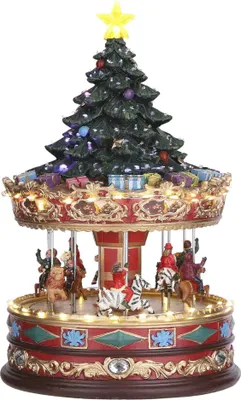 Produktbild von Luville Karussell mit Weihnachtsbaum - Weihnachtsdeko mit Musik und Drehfunktion - Weihnachtsschmuck für das Kerstdorf - Weihnachten Miniatur mit Adapter - L22 x B22 x H35 cm - Mehrfarbig