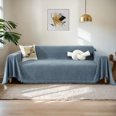 Produktbild von Sofa Überwurfdecke 1/2/3/4 Sitzer Chenille Sofa Überzug,Waschbar Sofabezug Baumwolle Sofaüberwurf mit Fransen,Sofadecke für 1-Sitzer, 180x300cm,Blau