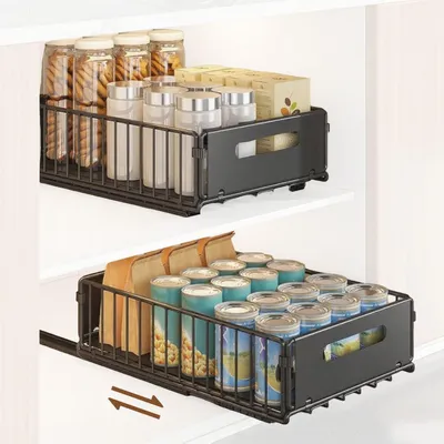 Produktbild von 2 Stück Küchenorganizer-Set Teleskopschublade Erweiterbar Ausziehbare für Küchenschränke (Kein Bohren und Nageln), Schubladen-Aufbewahrungsregale Schu