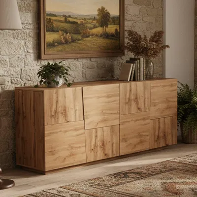 Produktbild von Kommode Ddambrosi, Wohnzimmer-Buffet, modernes Wohnzimmer-Kommode mit 4 Türen, 200x44x86 cm, Eiche