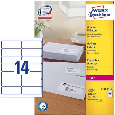 Zdjęcie produktu dla Avery L7163-100, Biały, Zaokrąglony prostokąt, Na stałe, DIN A4, Papier, Laser