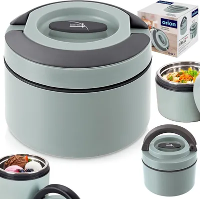 A collage of images showing a light green thermobehälter with a gray lid, a box with product information, and close-ups of the thermobehälter filled with food and ice cream.
