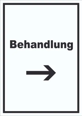 Produktbild von Behandlung Schild mit Text und Richtungspfeil rechts Behandlungsraum hochkant A4 (210x297mm)