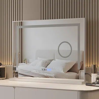 Produktbild von AQUABATOS Hollywood Kosmetikspiegel Schminkspiegel LED Dimmbar Spiegel 80 x 60 cm Tischspiegel mit Beleuchtung 3-fache Vergrößerung 3 Lichtfarben Digitaluhr