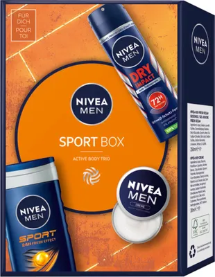 Zdjęcie produktu dla NIVEA Men Sport Box, Mężczyźni, Skóra uniwersalna, Oczyszczenie, Nawilżający, Odżywiający, Orzeźwiający, 72 h, Roll-on, Aqua, Glycerin, Paraffinum Liquidum, Alcohol Denat., Cetyl Alcohol, Glyceryl Stearate,...