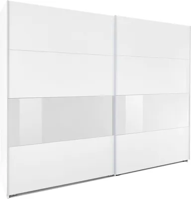 A white wardrobe with sliding doors, featuring a horizontal band of frosted glass.
