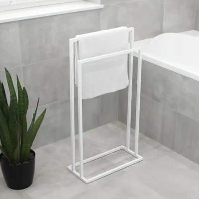 Immagine prodotto di HMP porta asciugamani da terra 2 bracci stabile – metallo bianco opaco loft bagno stand asciugamani per bagno hotel spa