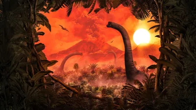 Produktbild von Komar Fototapete Brachiosaurus Panorama Orange und Grün - 610829 - 500 x 280 cm