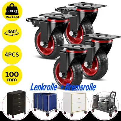 Produktbild von 4 Stück Schwerlastrollen mit Bremse Vollgummi Ø100 mm – Rollen-Set 600 kg 360° drehbar, 2 Bremsen + 2 Lenkrollen, für Wagen & Maschinen Möbel