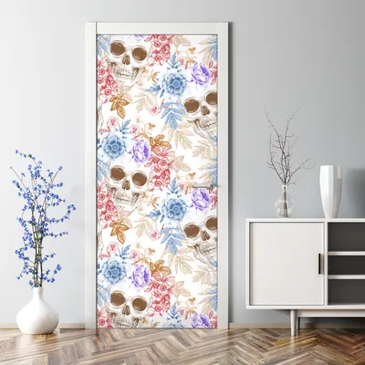 Produktbild von Dekorative Türaufkleber Raumdekoration selbstklebend Türposter Schädel und Blumen 85 x 200 cm