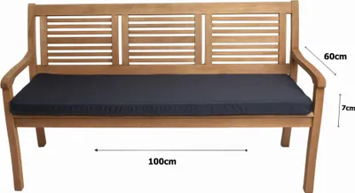 A wooden garden bench with a dark cushion, featuring size dimensions indicated by text overlays.