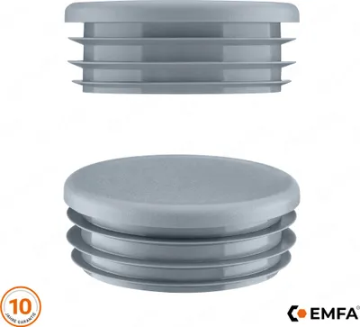 Two views of a gray plastic pipe end cap with ribbed sides.