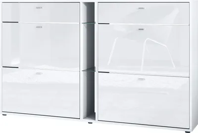 A white, modern shoe cabinet with multiple flip-down drawers and glass shelves.