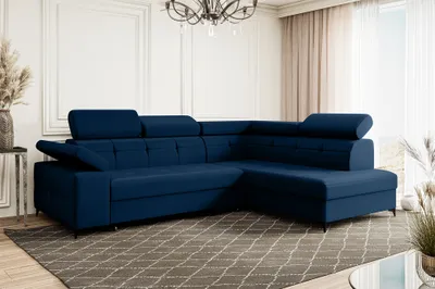 Produktbild von MEBLINI Schlafcouch mit Bettkasten - Ecksofa mit Schlaffunktion - Sofa mit Relaxfunktion und Kopfstützen - Couch L-Form - Eckcouch - Wohnlandschaft - BERGAMO - 274x203x83cm Rechts - Blau Samt