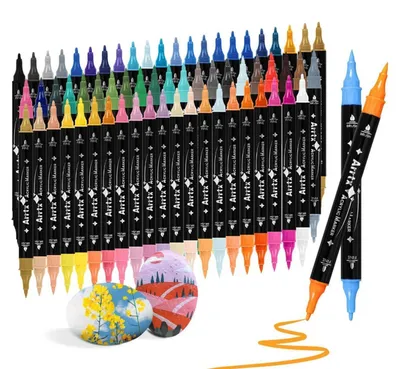 Image de Stylos à peinture acrylique, 64 couleurs, résistants à l'eau, avec pinceau et pointe fine, pour pierres, céramique, tissu, bois, verre