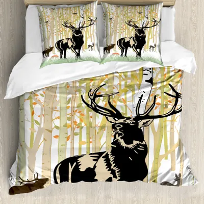 Produktbild von ABAKUHAUS Geweih Bettbezug, Herbst-Wald Wildtier, Milbensicher Allergiker geeignet mit Kissenbezügen, 155 cm x 220 cm - 80 x 80 cm, grün orange