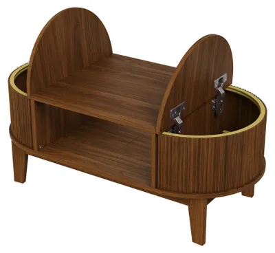 Zdjęcie produktu dla Stolik kawowy - Nowoczesny, owalny stolik kawowy - 2 ukryte schowki - Otwarta półka - Konstrukcja drewniana - Kolor orzechowy - 100 x 50 x 40,5 cm