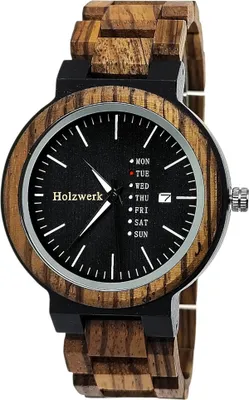 Produktbild von Holzwerk OCHTRUP Damen und Herren Holz Uhr mit Datum in Walnuss braun, schwarz