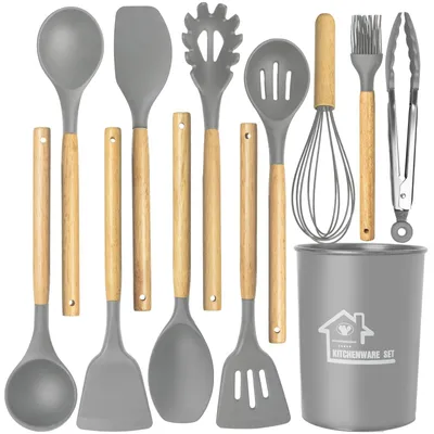 Image de Ensemble d'ustensiles de cuisine : ensemble de 12 spatules de cuisine en silicone avec manches en bois, résistantes à la chaleur, idéales pour les poêles antiadhésives (gris)