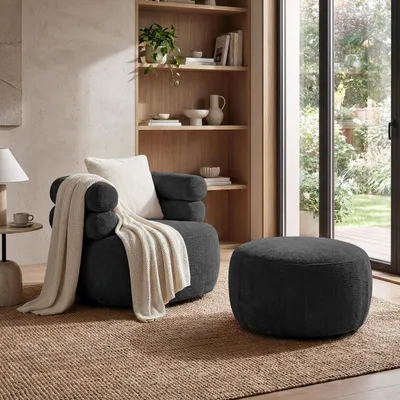 Produktbild von Drehsessel-Set NANO Schwarz – Drehsessel 360° mit runder Form mit Hocker, Relaxsessel, Lesesessel, Sitzhocker, Fußhocker und Zierkissen