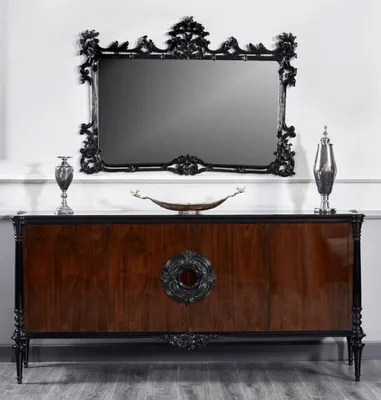 Produktbild von Casa Padrino Luxus Barock Sideboard mit Wandspiegel Schwarz / Dunkelbraun - Barock Möbel