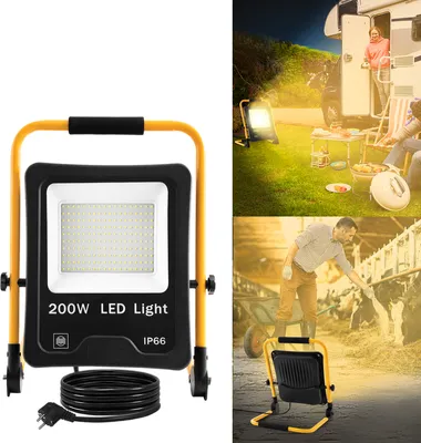 Produktbild von UISEBRT 200W LED Fluter Flutlicht Warmweiß Mit Stecker Baustrahler Scheinwerfer Gelb Stativ Baulampe IP66 Außenbereich Innen Garten Garage