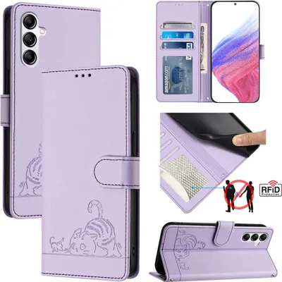 Produktbild von Leder Hülle für Samsung Galaxy A14 5G/4G Süße Katze Flip Case Brieftasche Schutzhülle mit Standfunktion Lila