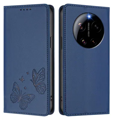 Image de Étui en cuir pour Xiaomi 17 Ultra, étui de protection type portefeuille en cuir gaufré « papillon » avec support, bleu foncé