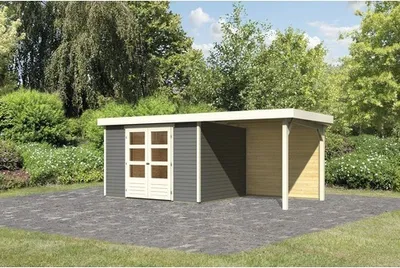 Produktbild von Gartenhaus Karibu Kodiak 5 inkl. Schleppdach 2,4 m und Rückwand 554 x 262 cm terragrau