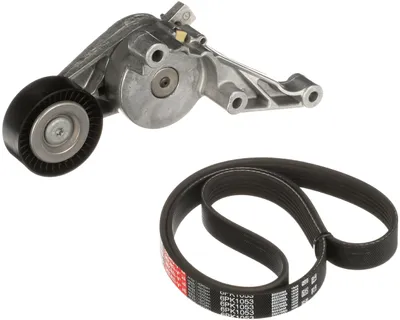 A car belt tensioner and a serpentine belt are shown against a white background.