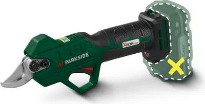 A cordless pruning shear is shown against a white background. The battery pack area is highlighted with a dashed outline and a yellow 'X' symbol.