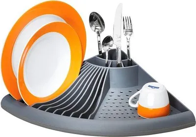 Produktbild von Unyqoos® Abtropfgestell für Eckspüle, Polypropylen, 50 x 9 x 35 cm, grau – abnehmbare Abtropfschale, Fächer für Besteck, Teller & Tassen