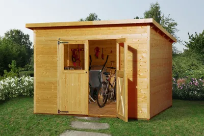 Produktbild von WEKA 325.3025.21400 Gartenhaus/Blockbohlenhaus Nova mit Doppeltür ; Größe: 4 ; Farbgebung: Lasiert ; Wandstärke: 19 mm ; Maße (LxBxH): 299 cm x 250 cm x 223 cm ; Seitenwandhöhe: 186 cm