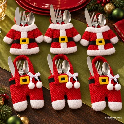 Produktbild von Weihnachts-Besteckhalter 6er Set · Nikolaus Bestecktaschen · 3 Jacken + 3 Hosen · Tischdeko Weihnachten, H0225