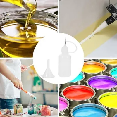 Produktbild von 17 Applikator- und Quetschflaschen à 30 ml mit feiner Spitze und Trichter zum Dosieren von Flüssigkeiten beim Basteln und Handwerken