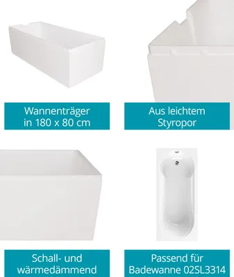 Produktbild von Calmwaters® Wannenträger 180 x 80 cm Modern Small 2, Passend für Rechteck-Badewanne 180x80 cm, Styroporträger, Schall- und wärmedämmend, Direkt verfliesbar, Badewannenträger in Weiß, 03AX3356