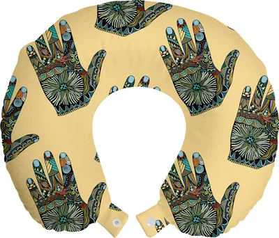 Produktbild von ABAKUHAUS Handlesekunst Reisekissen Nackenstütze, Orientalische Motive auf der Hand, Schaumstoff Reiseartikel für Flugzeug und Auto, 30x30 cm, Mehrfarbig