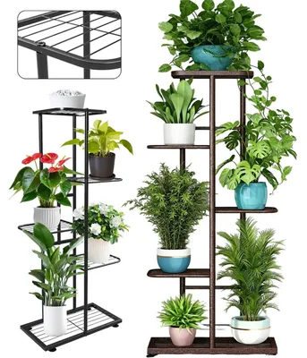 Obrázok produktu pre Stojan na kvetináče – kovový regál na rastliny – 5-úrovňový regál na kvety – pre interiér a balkón – úsporný úložný regál – hnedý