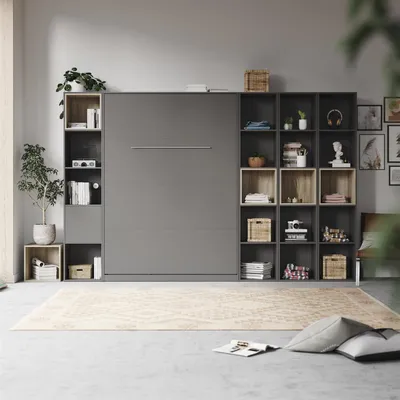 Produktbild von SMARTBett WOHNWAND Schrankbett 140x200 Vertikal mit Regalen Anthrazit/Eiche Sonoma