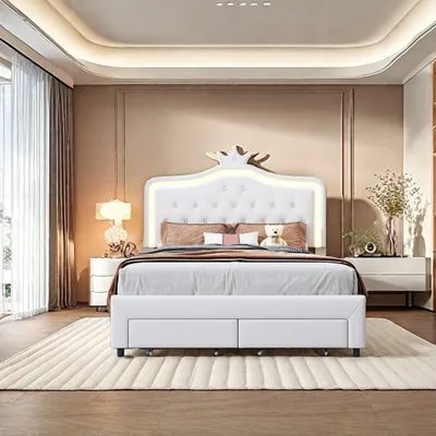 Immagine prodotto di Letto per bambini imbottito 140x200cm con rete a doghe, letto per ragazzi letto per bambini con led, letto singolo con cornice, cassetti, letto in legno classico, PU