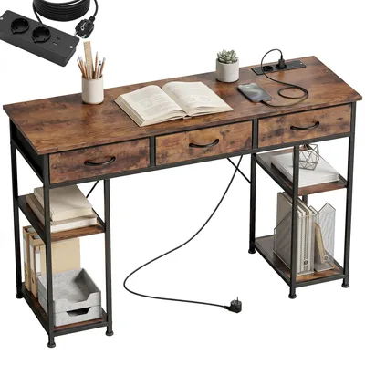 Produktbild von Schreibtisch mit Stauraum, Steckdosen, 3 Stoffschubladen und 4 Ablagef?chern, 120 x 40 x 76 cm, braun