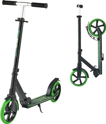 Image de Trottinette pour enfants - Trottinette urbaine à 2 roues - À partir de 8 ans - Guidon réglable en hauteur - Pliable - Plateau antidérapant - Charge maximale : 100 kg - Noir/vert