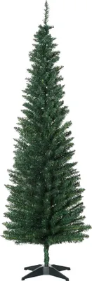 A full shot of a green artificial Christmas tree on a white background.