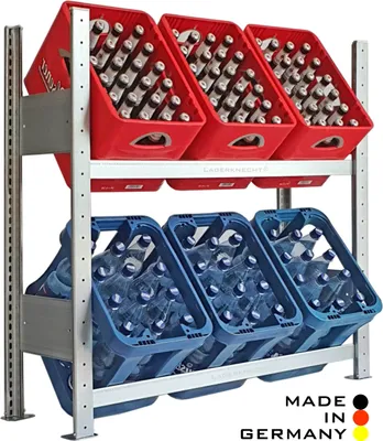 A two-tiered metal rack holding crates of beverages. The top tier has red crates filled with bottles, and the bottom tier has blue crates filled with plastic bottles.