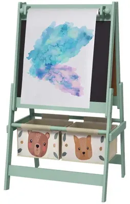Produktbild von 3-in-1 Kinderstaffelei - Maltafel - Kreidetafel & Whiteboard - Papierrolle - Aufbewahrungskörbe - Holzrahmen - 54×46,5×93 cm - Armeegrün
