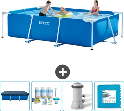 Produktbild von Intex-Schwimmbecken mit rechteckigem Rahmen – 300 x 200 x 75 cm – Blau – im Lieferumfang enthalten Abdeckung - Wartungspaket - Filterpumpe für Schwimmbad - Bodenfliesen