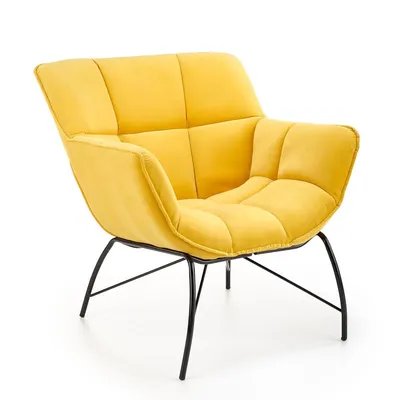 A yellow armchair with black metal legs on a white background.