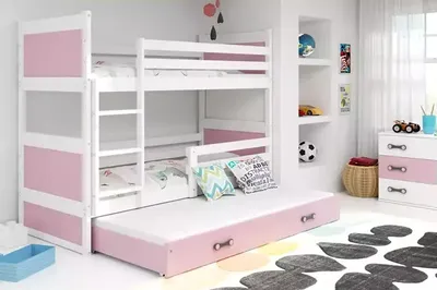 Produktbild von Kinderhochbett mit Zustellbett ohne Matratzen 80x190 FERGUS – Weiß / Rosa